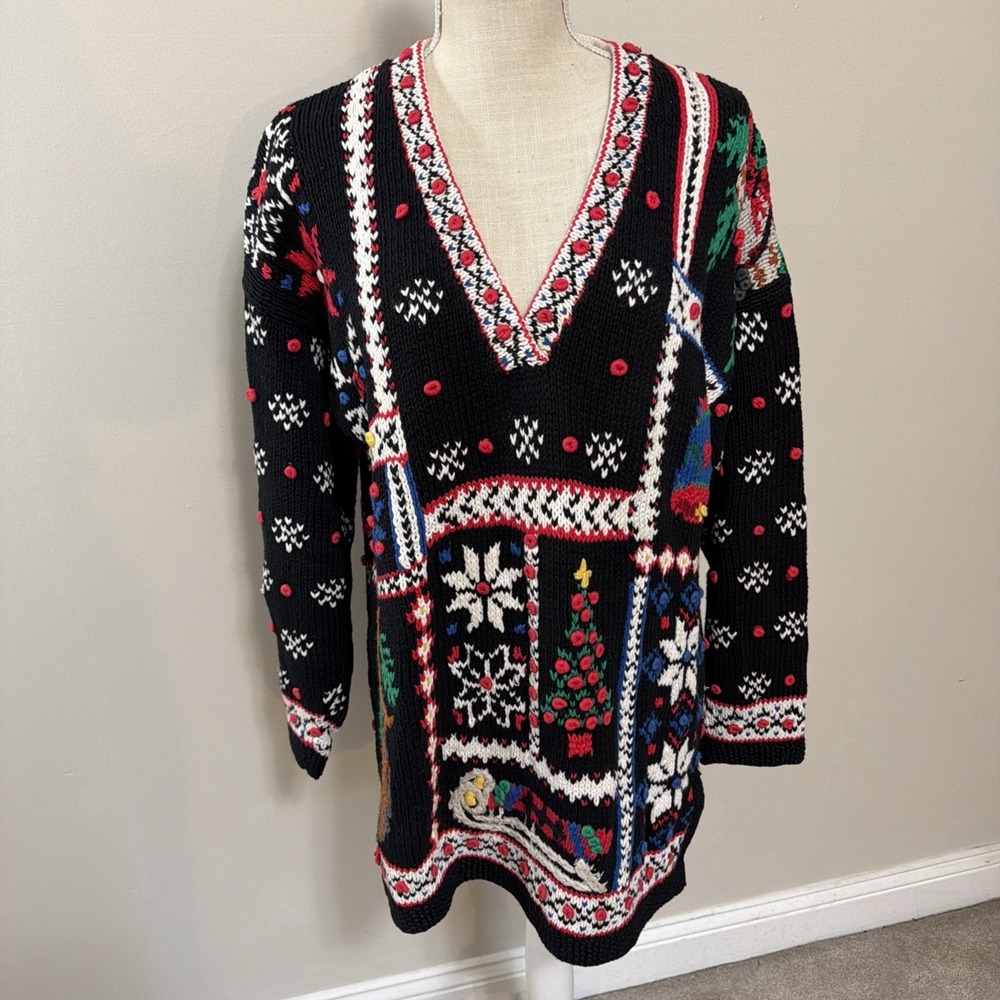 Vtg Portraits by Northern Isles‎ Hand Knitted Sweater Large Christmas Holiday